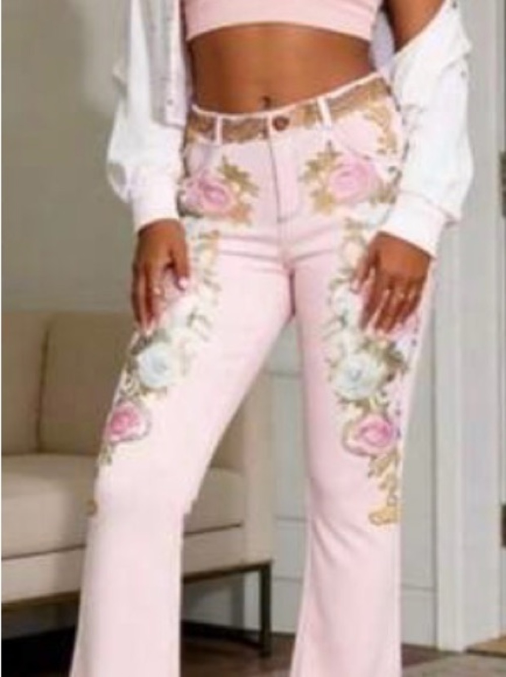 Pink Floral Printed Embroidered High-Waist Flare Pants